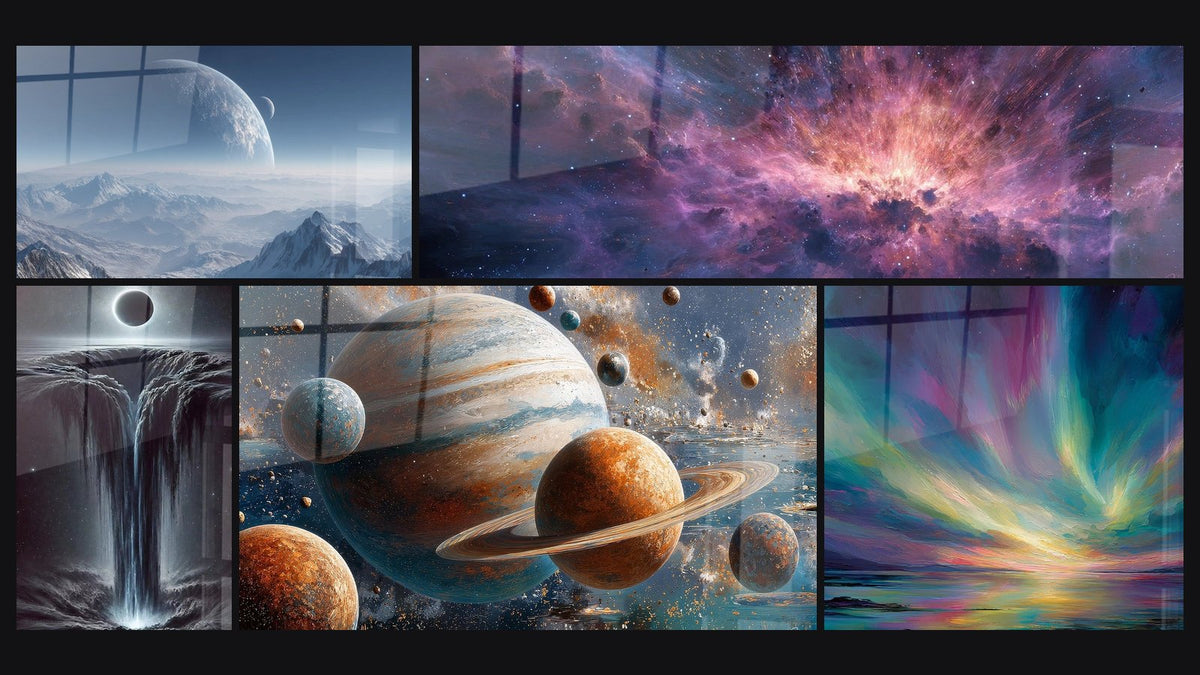 Mosaic of five paintings, including Extraterrestrial Planet, Mystical Abyss and Cosmic Nebula