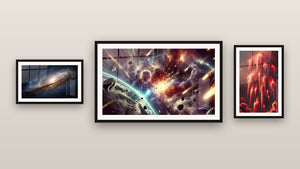 Gallery wall with three framed paintings: Plasma Cascade, Astral Storm and Galaxy Spiral