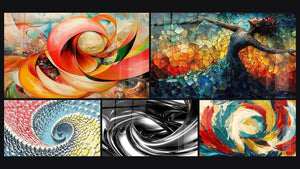 Mosaico de cinco cuadros, entre ellos Espiral dinámico rojo naranja, Espiral de colores y Remolino metálico
