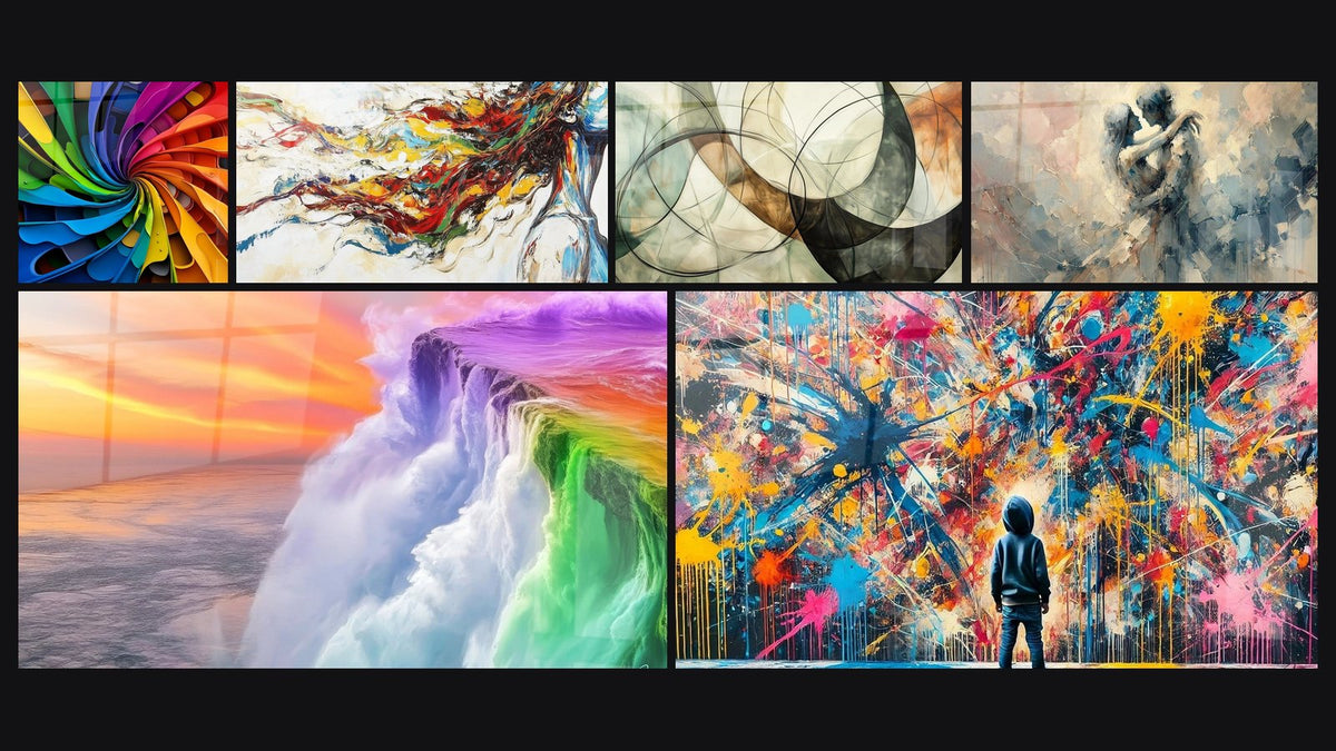 Mosaic of six paintings, including Rainbow Whirlwind, Rainbow Waterfall and Modern Muse