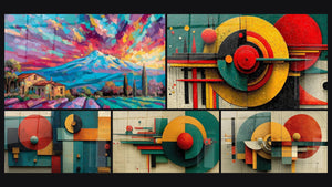 Mosaïque de cinq tableaux, dont Paysage méditerranéen coloré, Géométrique Rythme Abstrait et Géométrique Mouvement Perpétuel