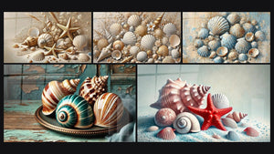 Mosaico de cinco cuadros, entre ellos Estrellas y Conchas, Joyas de las Arenas y Tesoros del Océano