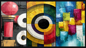 Mosaico de tres cuadros, entre ellos Formas Redondas Rojo y Antracita y Mosaico azul y magenta con cuchillo