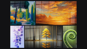 Mosaïque de cinq tableaux, dont Paysage méditerranéen, Paysage maritime et Glycine N°1