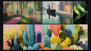 Mosaïque de quatre tableaux, dont Jardin impressionniste, Port industriel et Cactus Multicolores Expressifs