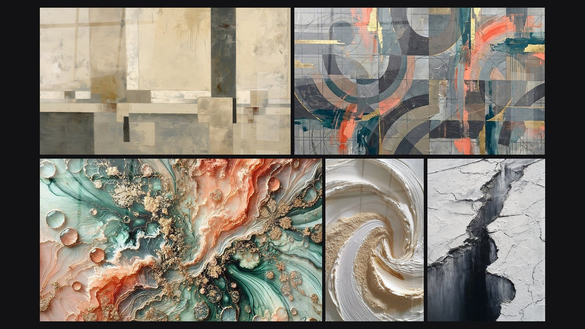 Mosaic of five paintings, including Beige and Gray Geometric Composition, Grey and Coral Circles Intertwined and Coral Dream