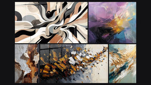 Mozaïek van vijf schilderijen, waaronder Grafische Trillingen, Dynamische explosie en Abstracte gekleurde explosie