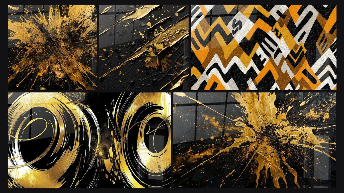 Mosaic of five paintings, including Geometric Pattern