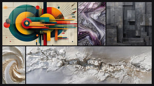 Mosaico de cinco cuadros, entre ellos Geométrico Energía Céntrica y Lámparas de Cuarzo