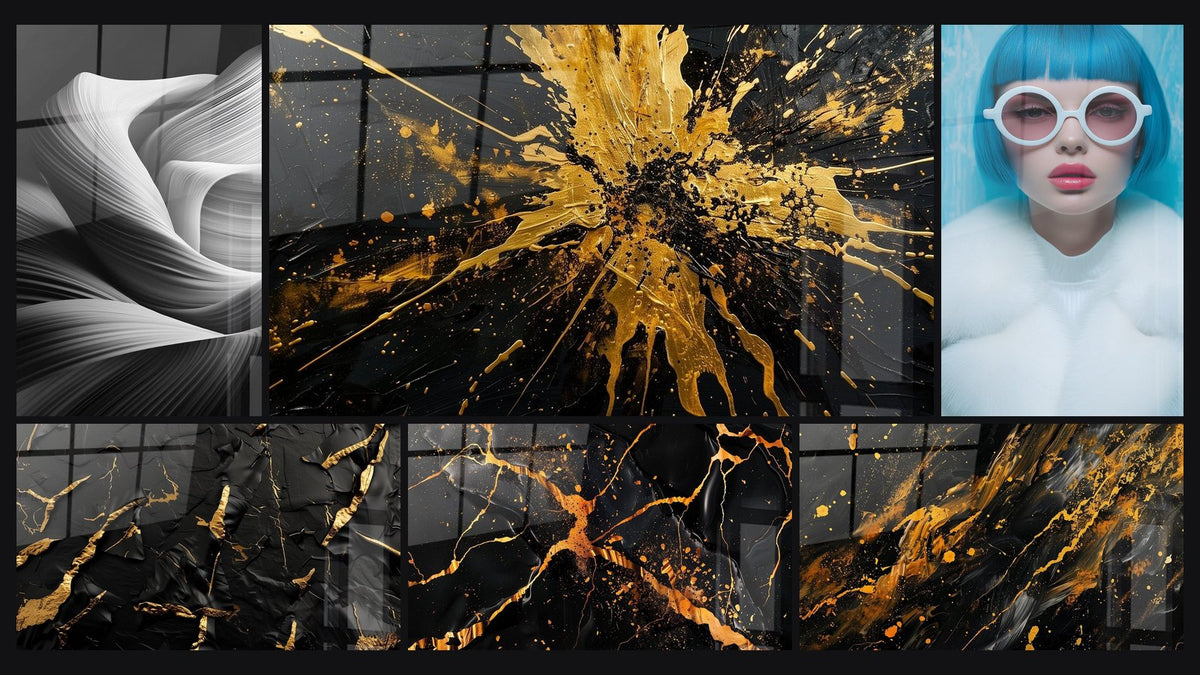 Mosaic of six paintings, including Conscious Ribbon, Black Background Golden Fractures and Woman with Blue Wig and White Coat