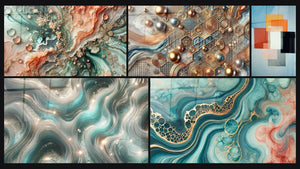 Mosaico de cinco cuadros, entre ellos Sueño Coralino, Ondas Centelleantes y Mosaico de Cobre