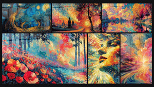 Mosaïque de six tableaux, dont Arbre cosmique, Paysage Automnal Émotion Chaleureuse et Paysage Forestier Fleurs Écarlates