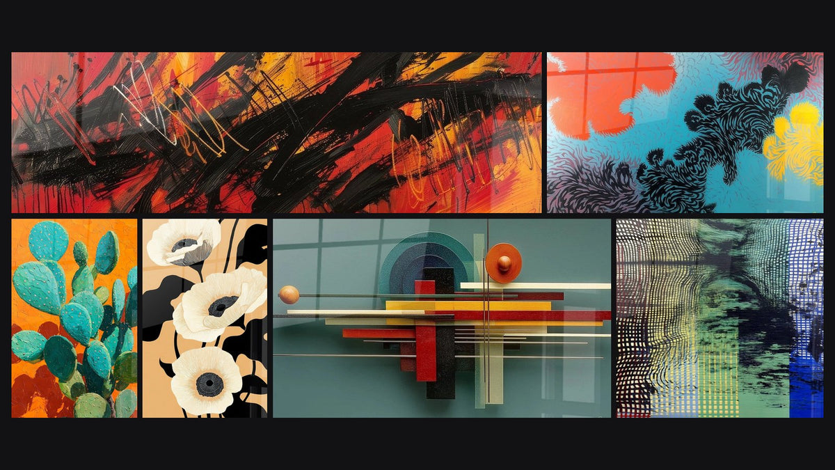 Mosaïque de six tableaux, dont Abstrait expressionniste et Abstrait Ondulant Illusion Dynamique