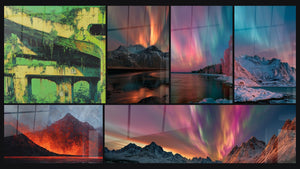 Mosaïque de six tableaux, dont Infrastructure Urbaine et Éruption volcanique