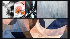 Mosaïque de cinq tableaux, dont Bulles abstraites, Spirale blanche et corail aux traits noirs et Spirale métallique chromée