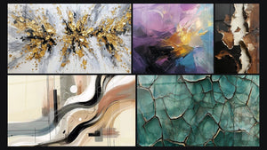 Mozaïek van vijf schilderijen, waaronder Abstracte gekleurde explosie, Abstract Zilt en Gebarsten Aarde