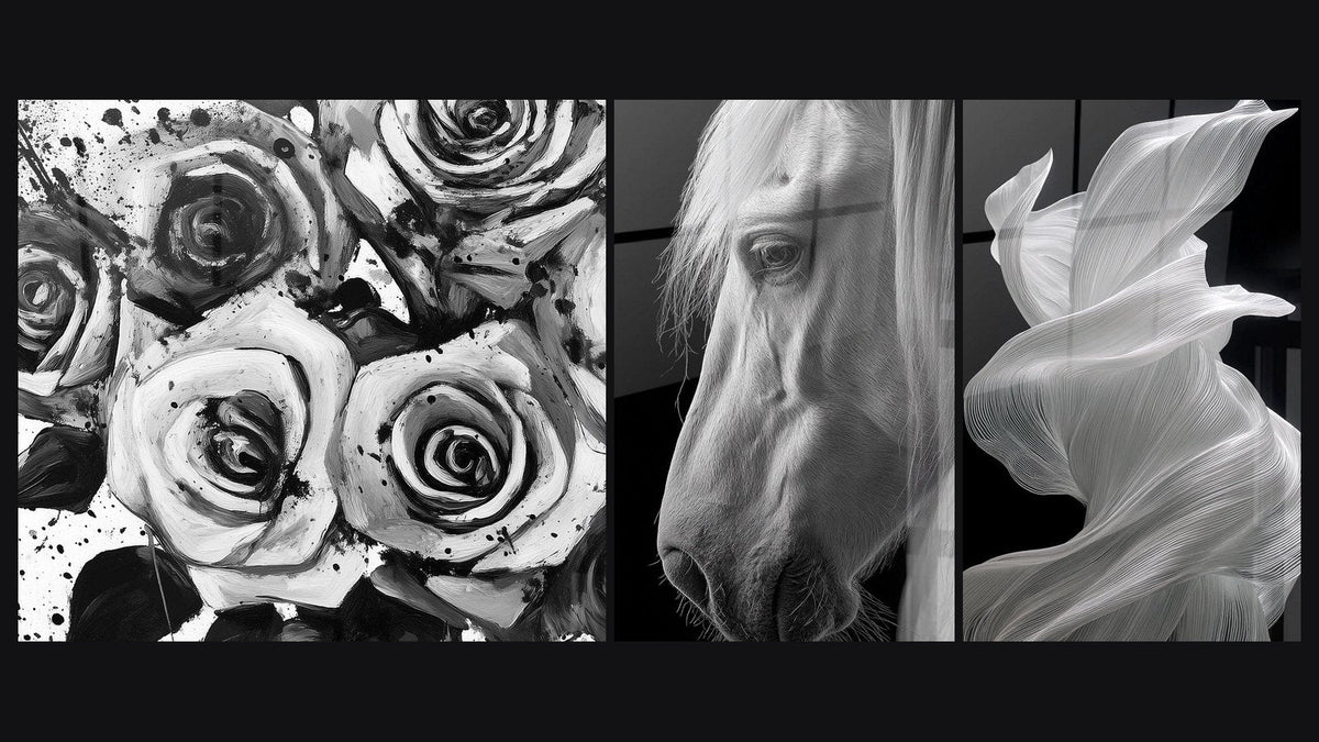 Mosaico de tres cuadros: Embriaguez Vegetal Plateado, Caballo Blanco Retrato y Tela Fluida