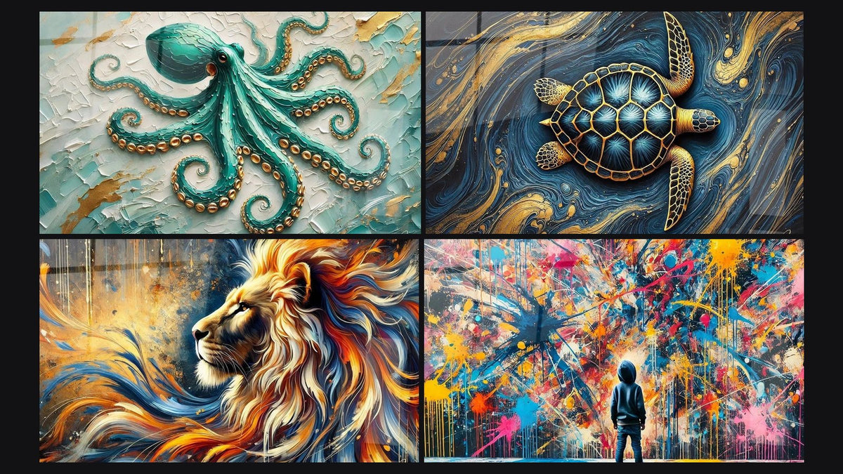 Mosaico di quattro quadri, tra cui Smeraldo degli Abissi, Guardiano degli Oceani e Fiamma Selvaggia