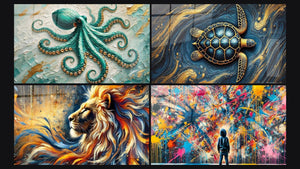 Mozaïek van vier schilderijen, waaronder Smaragden Tafel der Afgronden, Ocean Guardian en Wanddecoratie Wilde Vlam