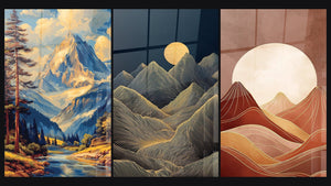 Mosaico de tres cuadros: Paisaje Montañoso con Río, Paisaje Montaña y Montaña Art Deco