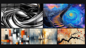 Mosaïque de cinq tableaux, dont Tourbillon métallique, Escalier cosmique et Mécanique des couleurs