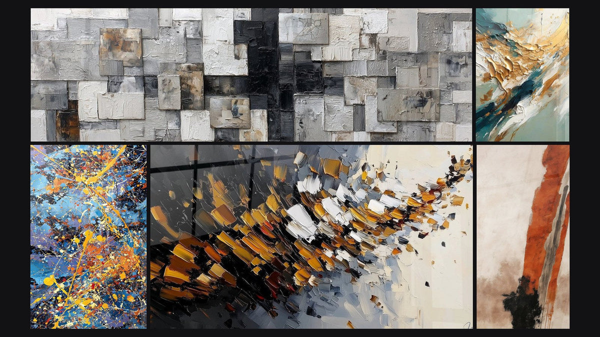 Mosaico de cinco cuadros, entre ellos Explosión de colores, Flujo y Retroceso Dorado y Explosión dinámica