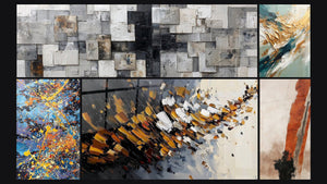Mosaico de cinco cuadros, entre ellos Explosión de colores, Flujo y Retroceso Dorado y Explosión dinámica
