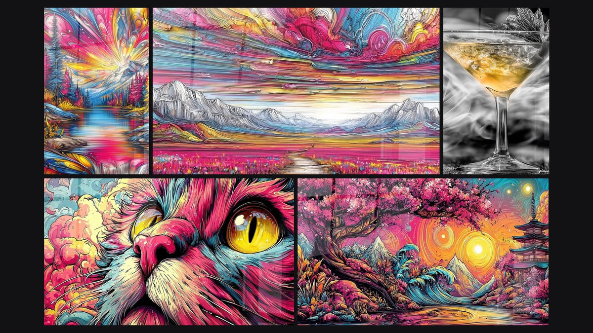 Mosaik aus fünf Gemälden, darunter Berglandschaft und Katze psychedelisch