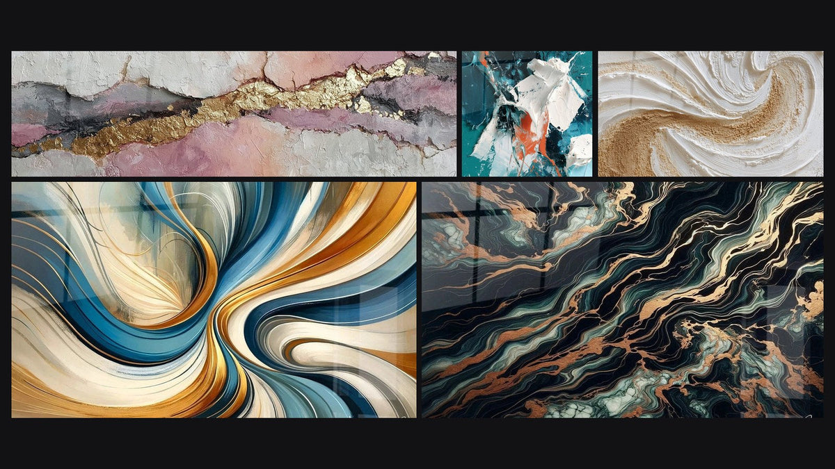 Mosaico de cinco cuadros, entre ellos Espirales Elegantes, Blanco Brillante y Sarcelle en Relieve y Flujo Aurífero