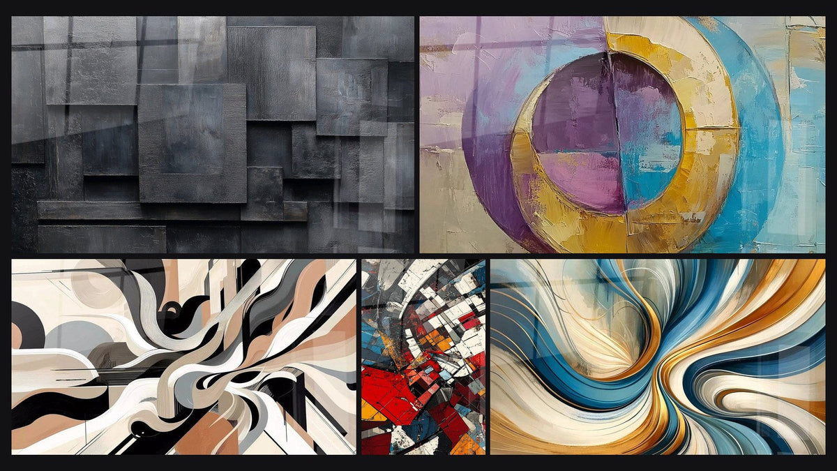 Mosaïque de cinq tableaux, dont Vibrations Graphiques, Révolution Architecturale Moderne et Cercles concentriques colorés