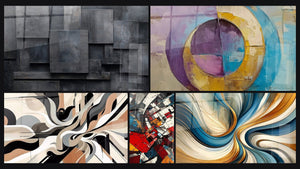 Mosaic of five paintings, including Graphical Vibrations, Architectural Revolution Modern and Concentric Colored Circles