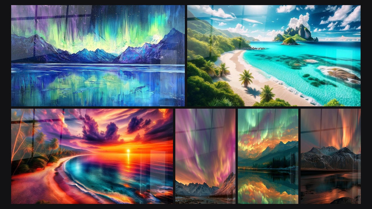 Mosaïque de six tableaux, dont Symphonie Nordique, Sérénité des Eaux Cristallines et Crépuscule Flamboyant en Bord de Mer