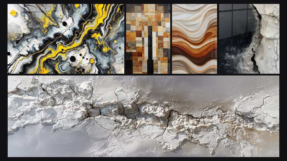 Mosaico de cinco cuadros, entre ellos Impacto Negro y Ondas Fluidas Tierra y Cobre