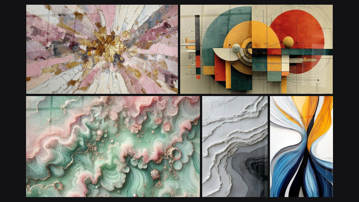 Mosaico di cinque quadri, tra cui Bruma Smeraldo, Geometrico Rivoluzione Circolare e Flux dinamici colorati di