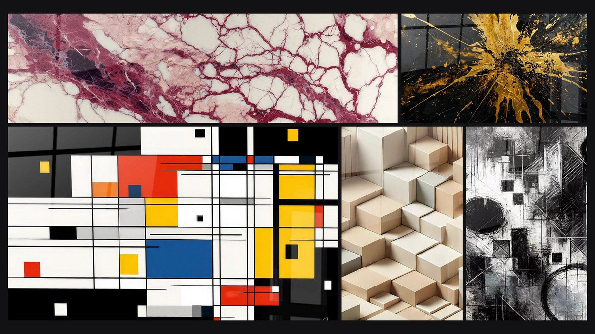 Mosaic of five paintings, including Purple Veins and Cream on Ecru Background and Colorful geometric composition