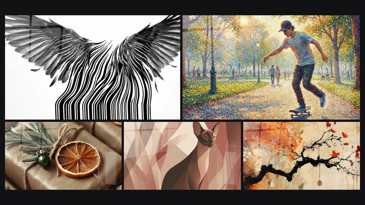 Mosaic of five paintings, including Geometric Cat, Pointillism Skater and Terracotta Wall Art No.4