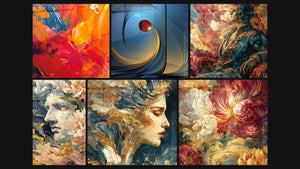 Mosaïque de six tableaux, dont Explosion de couleurs chaudes, Spirale cosmique et Statue Âme Florale