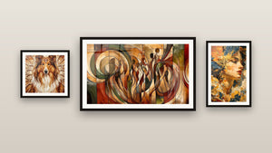 Mur de galerie avec trois tableaux encadrés, dont Danse des Silhouettes et Femme Parure Dorée