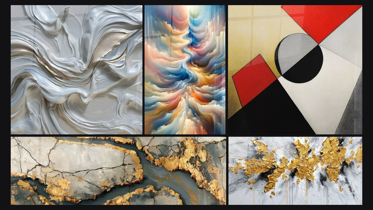 Mosaico de cinco cuadros, entre ellos Mármol Dorado con Grietas Antracita y Resonancia de Tonos Celestes