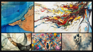 Mosaïque de cinq tableaux, dont Océan abstrait, Muse Moderne et Les Liens Invisibles