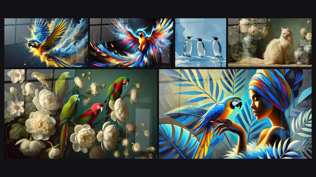 Mosaic of six paintings, including Sapphire Wings, Storm of Colors and Exotic Garden