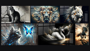 Mosaïque de six tableaux, dont Félin Solitaire, Magie d’un Instant et Souverain Mystique des Vents