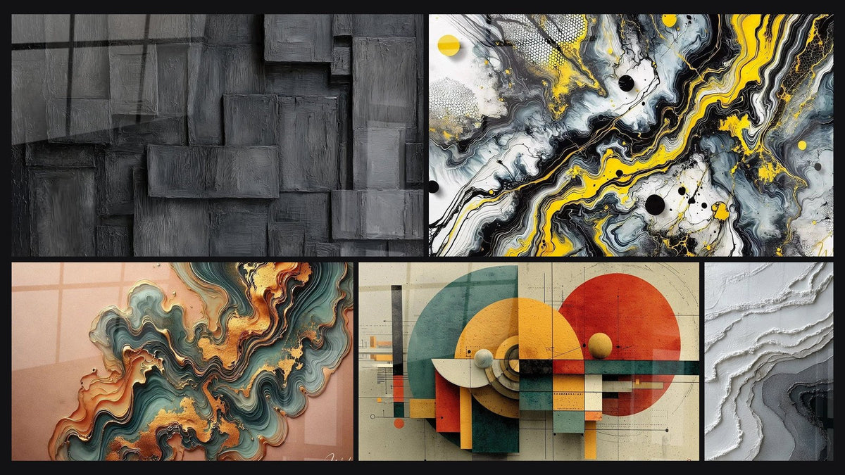 Mosaico de cinco cuadros, entre ellos Ola de Cobre, Impacto Negro y Geométrico Revolución Circular