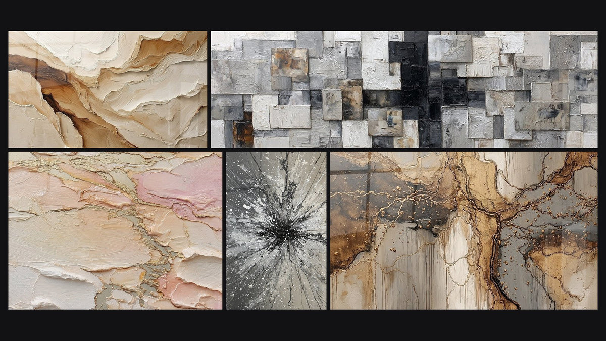 Mosaic of five paintings, including Abstract Beige and Earth and Abstract textured blush gold beige