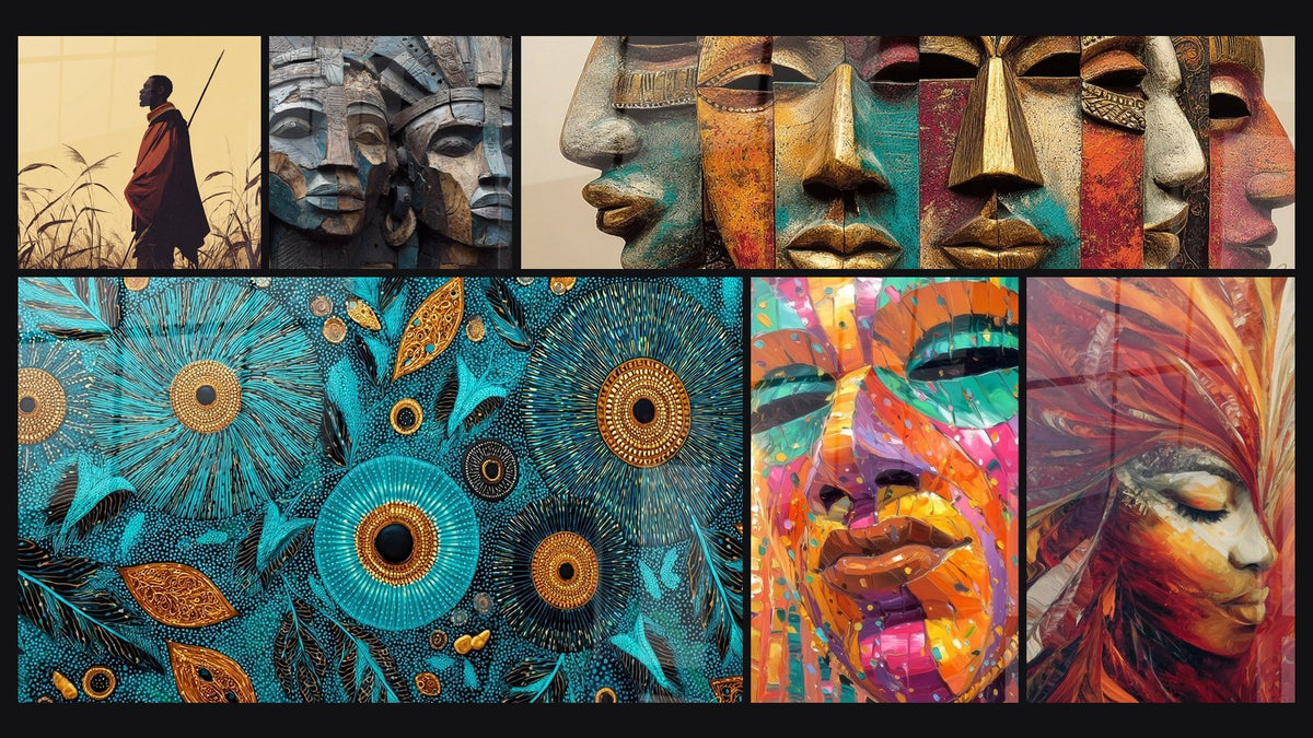 Mosaico di sei quadri, tra cui Guerriero Masai di, Motivi floreali africani di e Visage Oracle Ancestrale