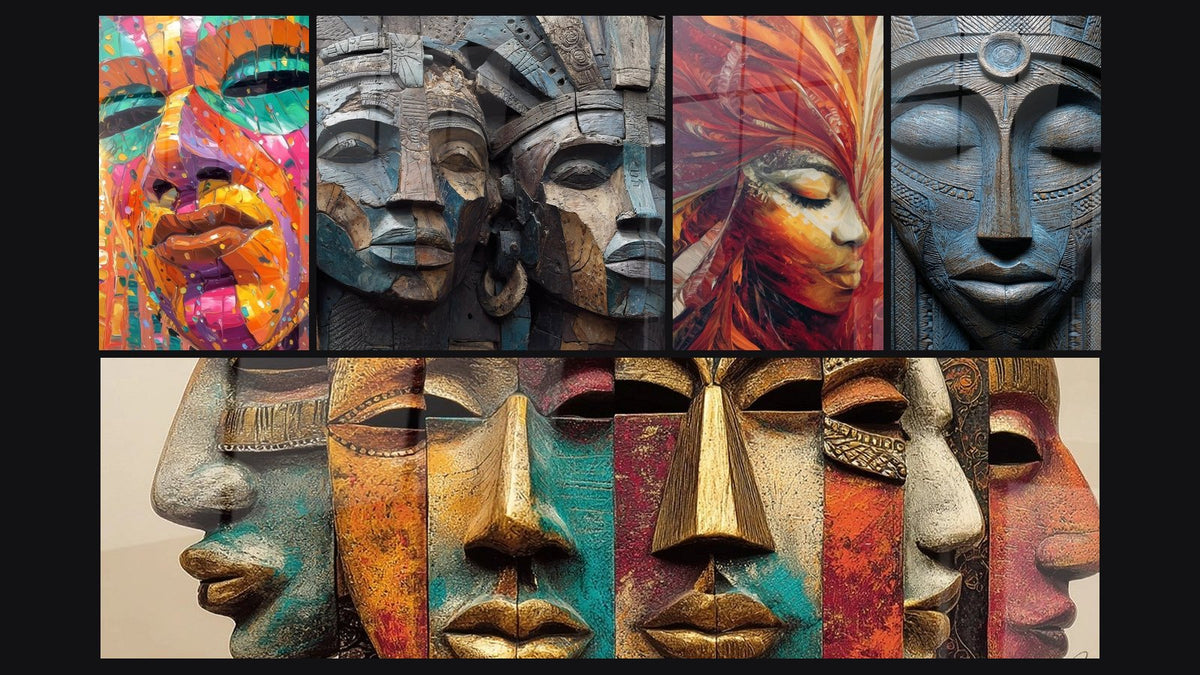 Mosaico de cinco cuadros, entre ellos Rostro Oráculo Ancestral y Rostros máscaras africanas esculpidas