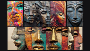 Mosaico de cinco cuadros, entre ellos Rostro Oráculo Ancestral y Rostros máscaras africanas esculpidas