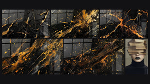 Mosaico de seis cuadros, entre ellos Fracturas Doradas sobre Fondo Negro y Retrato dorado con libros apilados