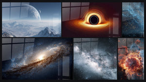 Mosaico de seis cuadros, entre ellos Planeta extraterrestre, Forja del Universo y Galaxia Espiral