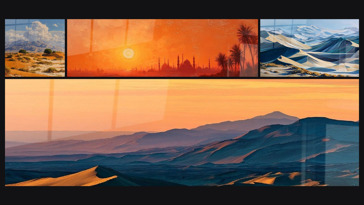 Mosaic of four paintings, including Istanbul Sunset, Desert Mountainous Landscape and Desert Mountain Sunset